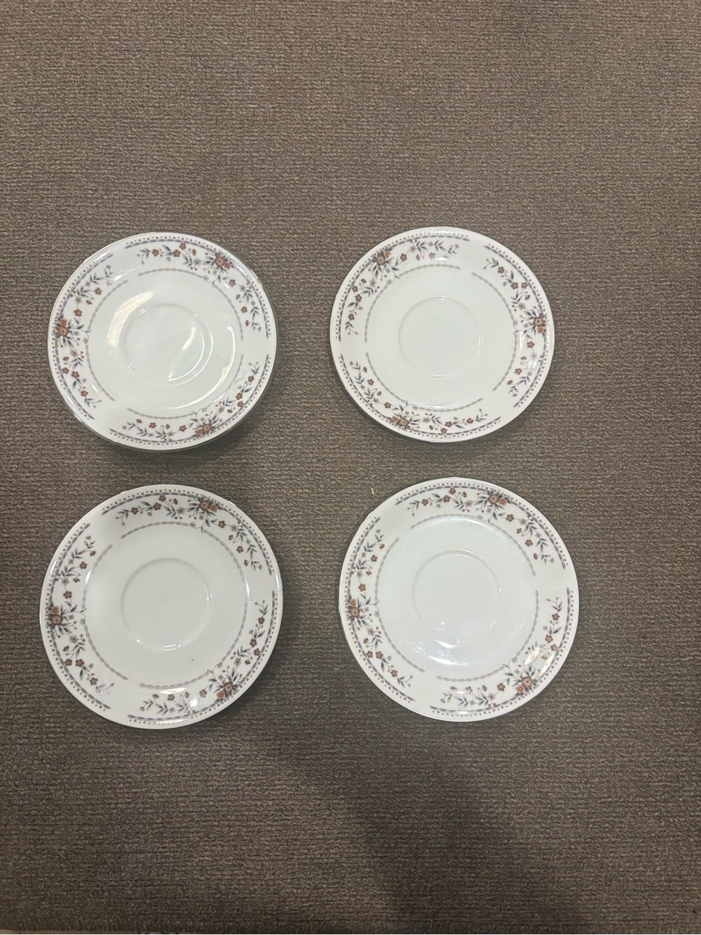 White Porcelain Saucer Set with Brown Floral Trim